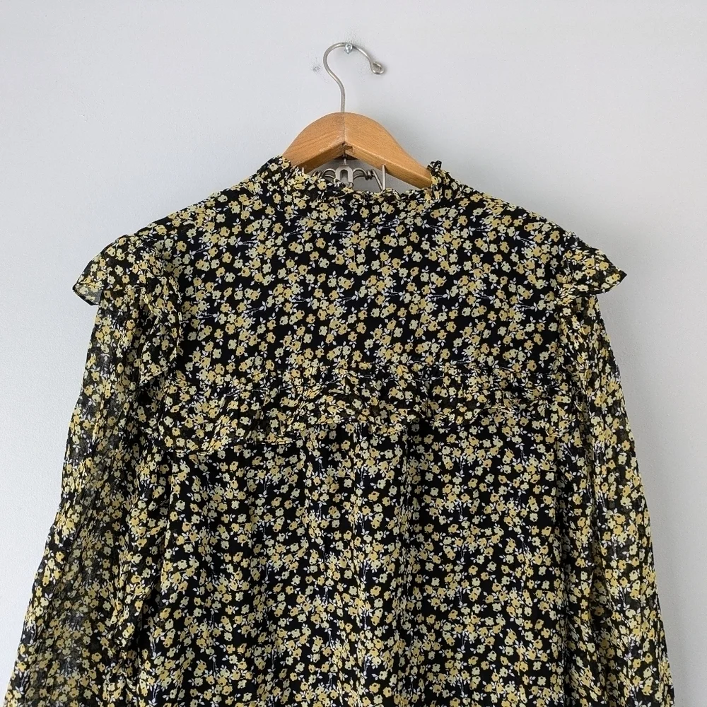 Boden Shirt Women's 16/18R Black Yellow Abstract Sprig Zoe Frill Detail Blouse - Picture 6 of 6